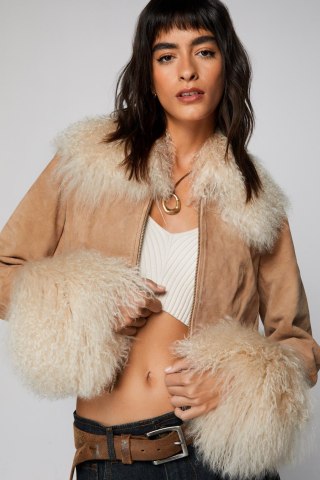 Premium Suede Shearling Cropped Afghan Jacket