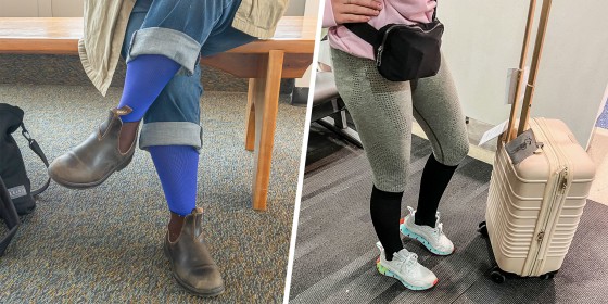 Split image of blue and black compression socks