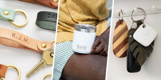 Three images of a Man holding a Yeti cup, an Amazon tile and a personalized key chain