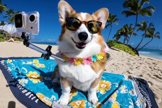 Prompt: A corgi vlogging itself in tropical Maui.