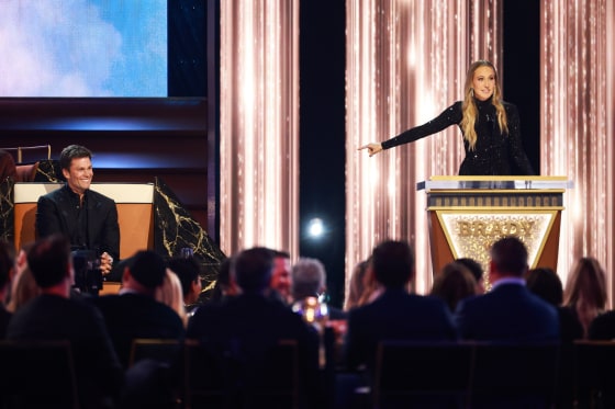 Tom Brady, left, and Nikki Glaser during "The Roast of Tom Brady" in Inglewood, Calif.