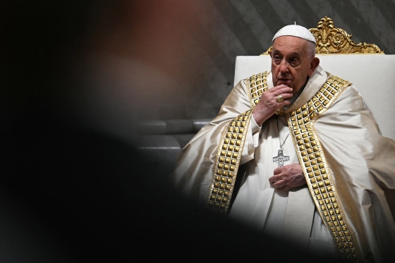 Pope Francis presides over a prayer service at St. Peter's basilica at The Vatican on May 9, 2024.