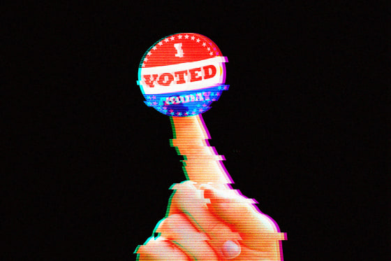 Photo illustration of a glitchy hand holding an "I voted" sticker