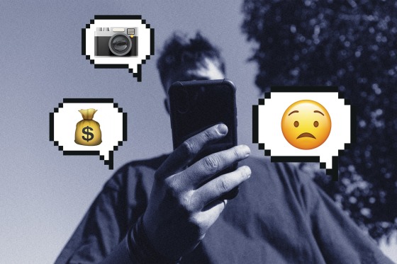 A young boy with his face hidden by a phone with pixelated text bubbles of a camera emoji, money sack emoji and worried face emoji.