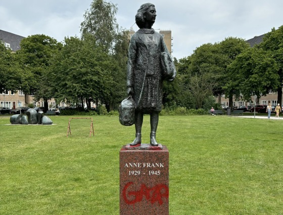 An Anne Frank statue in Amsterdam was defaced with the word "Gaza."