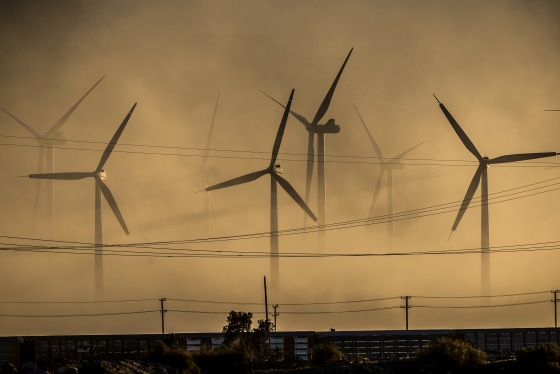 Wind turbines on Sept. 3, 2023 near Palm Springs, Calif.