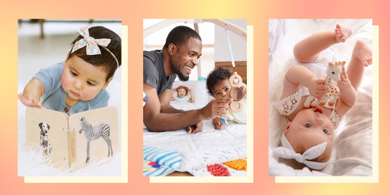 Three different images of babies playing with toys