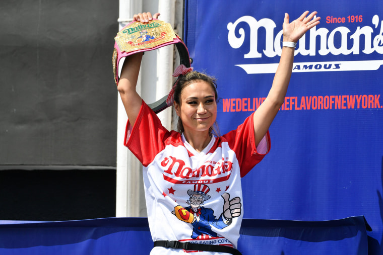 Miki Sudo wins in the Nathan's Famous International Hot Dog Eating Contest at Coney Island on July 4, 2023 in New York City.
2023 Nathan's Famous 4th of July International Hot Dog Eating Contest, New York, USA - 04 Jul 2023