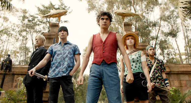 Taz Skylar as Sanji, Mackenyu Arata as Roronoa Zoro, Iñaki Godoy as Monkey D. Luffy, Emily Rudd as Nami, and Jacob Romero Gibson as Usopp in "One Piece."