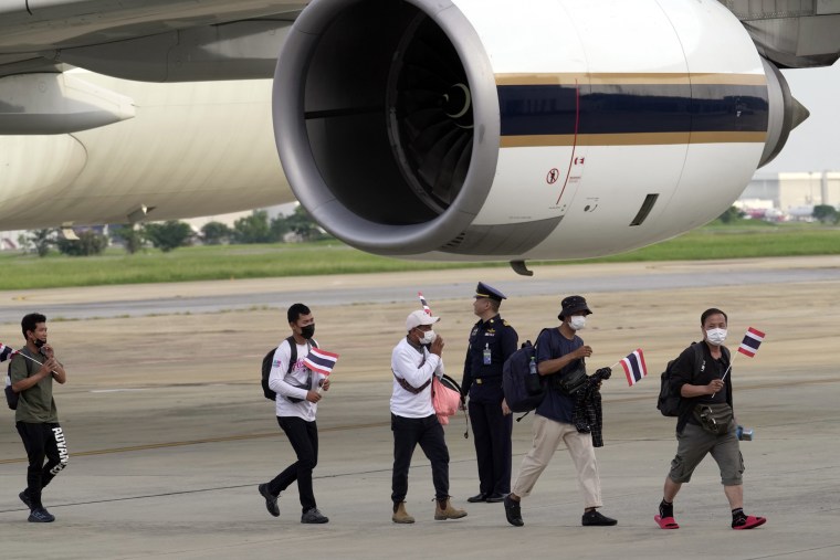 Thai workers who were evacuated from Israel.