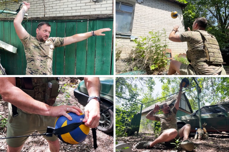 Dmytro Melnyk demonstrating his primitive training setup, which involves bungee cords for resistance and a tourniquet to harness a volleyball.