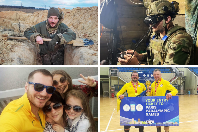 Clockwise from top left: Melnyk digging a trench on the front line in February 2023; operating a battle drone from an undisclosed location in June 2024; during Paris qualifying in Dali, China, in April 2024; with his wife, Tetiana, and their two daughters Dasha and Masha.