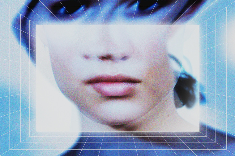 A woman's distorted face on a glowing screen against a geometric perspective grid.