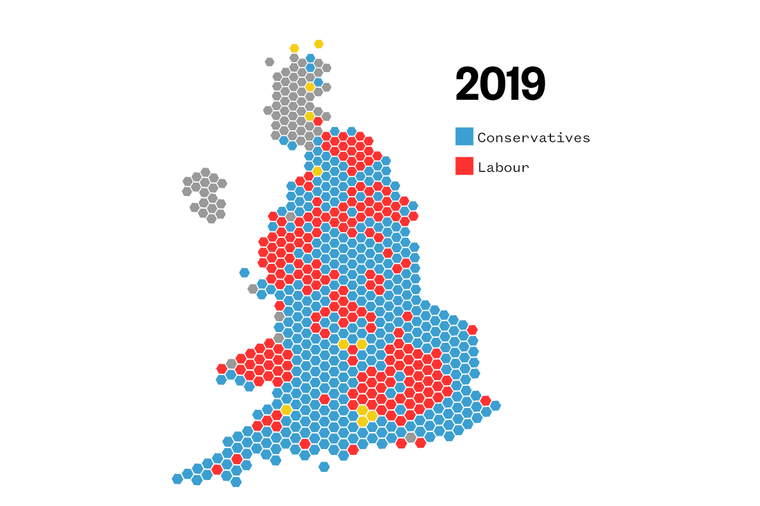 An animated gif with maps of the United Kingdom made up of hexagons showing which party won in the 2019 and 2024 general election. In 2019, the Conservatives won more 365 constituencies, the Labour party won 202 and the Liberal Democrats won 11. In 2024, the Labour party won in a landslide, winning more than 400 constituencies, the Conservatives won more than 110 and the Liberal Democrats won at least 70.