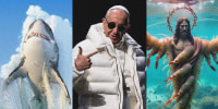 Photo Illustration: AI-generated images of a shark jumping out of the ocean, Pope Francis in a puffer jacket, and an underwater sculpture of Jesus Christ made out of shrimp