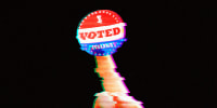 Photo illustration of a glitchy hand holding an "I voted" sticker