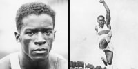 A split image of William DeHart Hubbard looking at the camera, left side, and jumping high with a fist in the air, right side