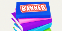 Photo Illustration: A rainbow-colored stack of books with a "BANNED" sticker on top