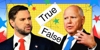 Photo collage of JD Vance and Tim Walz surrounded by illustrated stars and the words "True" and "False"