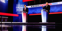 Wide shot of JD Vance and Tim Walz on the debate stage