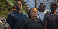 Catherine Jeudy speaks to reporters in Brooklyn on Sept. 20, 2024 about about her cousin, George Delpeche, a bystander who was shot and critically injured by police officers at a subway station.