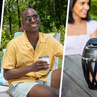 Three images of a Grill thermometer, a man lounging outside by the pool and a close up of a bluetooth speaker