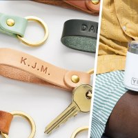 Three images of a Man holding a Yeti cup, an Amazon tile and a personalized key chain