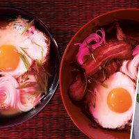 Breakfast Noodles and Pork and Chive Dumplings.