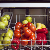 fruits and vegetables inside a dishwasher 