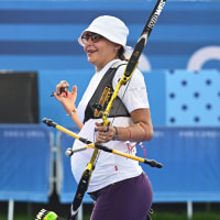 Yaylagul Ramazanova of Azerbaijan is seen during the women's individual 1/16 elimination round of archery.