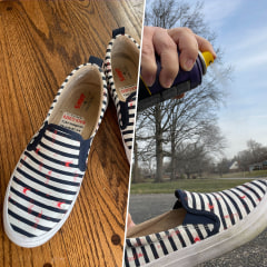 Split image of a shoe and a shoe being sprayed by Crep rain and stain spray