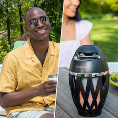 Three images of a Grill thermometer, a man lounging outside by the pool and a close up of a bluetooth speaker
