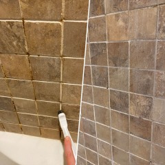 Split image of someone cleaning shower tiles and an after of clean shower tiles