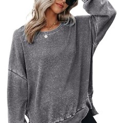 Dokotoo Women&#039;s Oversized Sweatshirt for Women Loose Fit Waffle Knit Casual Round Neck Womens Sweatshirts No Hood Long Sleeve Solid Color Shirt Lightweight Soft Tunic Tops Trendy Grey Medium