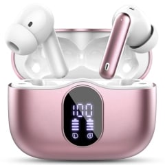 Wireless Earbuds Bluetooth 5.3 Headphones Bass Stereo Ear Buds with Noise Cancelling Mic LED Display in Ear Earphones IP7 Waterproof 36H Playtime for Laptop Pad Phones Sports Workout Rose Gold