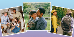 Illustration of a daughter giving her two daughters a gift, a Father kissing 5 year old daughter in countryside, and a daughter and Father walking in forest