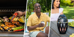 Three images of a Grill thermometer, a man lounging outside by the pool and a close up of a bluetooth speaker