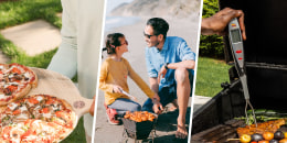 Image of a Father and daughter grilling on the beach, a grill pizza pan and a close up of a grill thermometer