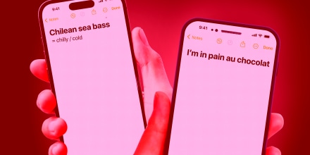 Photo Illustration: Hands holding phones that read "Chilean sea bass" and "I'm in pain au chocolat"