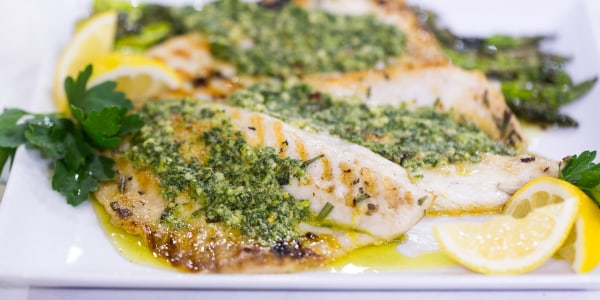 Grilled Branzino with Anchovies and Rosemary Pesto