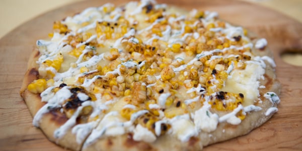 Cheesy Grilled Corn Flatbread with Cilantro Crema