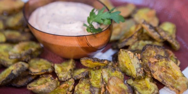 Cornmeal-Crusted Fried Pickle Chips with Smoky Mustard-Mayo