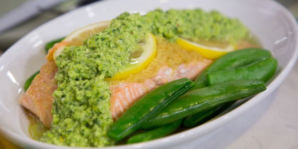 Grilled Foil-Packet Salmon with Snap Peas and Edamame Pesto