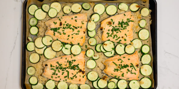 Sheet-Pan Miso-Lemon Salmon with Zucchini and Rice