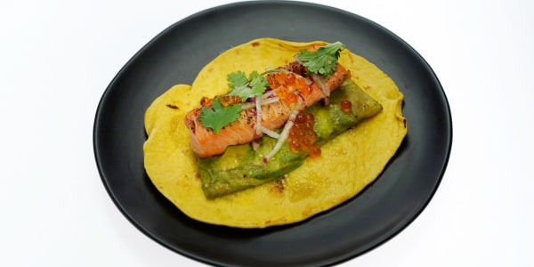 Grilled Miso Salmon Tacos with Avocado and Tomatillo Salsa