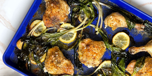 Sheet-Pan Chicken with Ramps, Lemon and Smashed Garlic