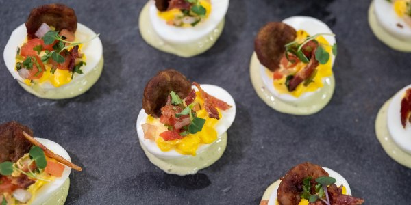 Smoky Deviled Eggs with Bacon, Chorizo and Pico de Gallo