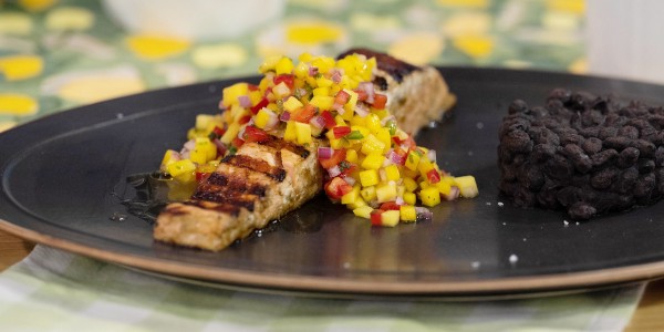 Jerk Salmon with Mango Salsa and Black Beans