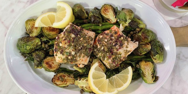 Herb-Crusted White Fish with Asparagus and Brussels Sprouts