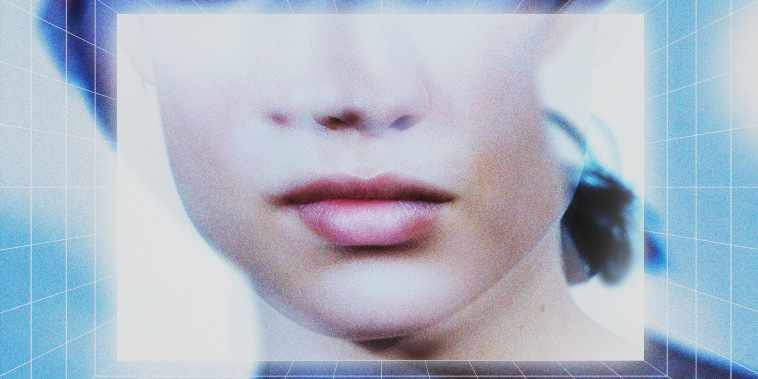 A woman's distorted face on a glowing screen against a geometric perspective grid.